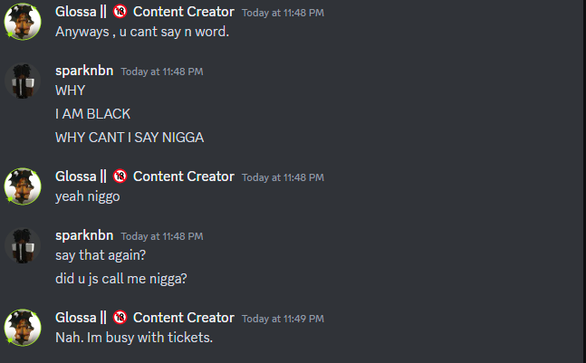 Sparknbn1's tweet photo. @PstarGloss is racist asf, I joined her server looking for a collab and she had a rule saying no n words and since I black I used that word since by now is js in my vocabullary and she warned me and I confronted her about this stupid rule and she ended up callin me a nigga https://t.co/iO4wyJtvFa