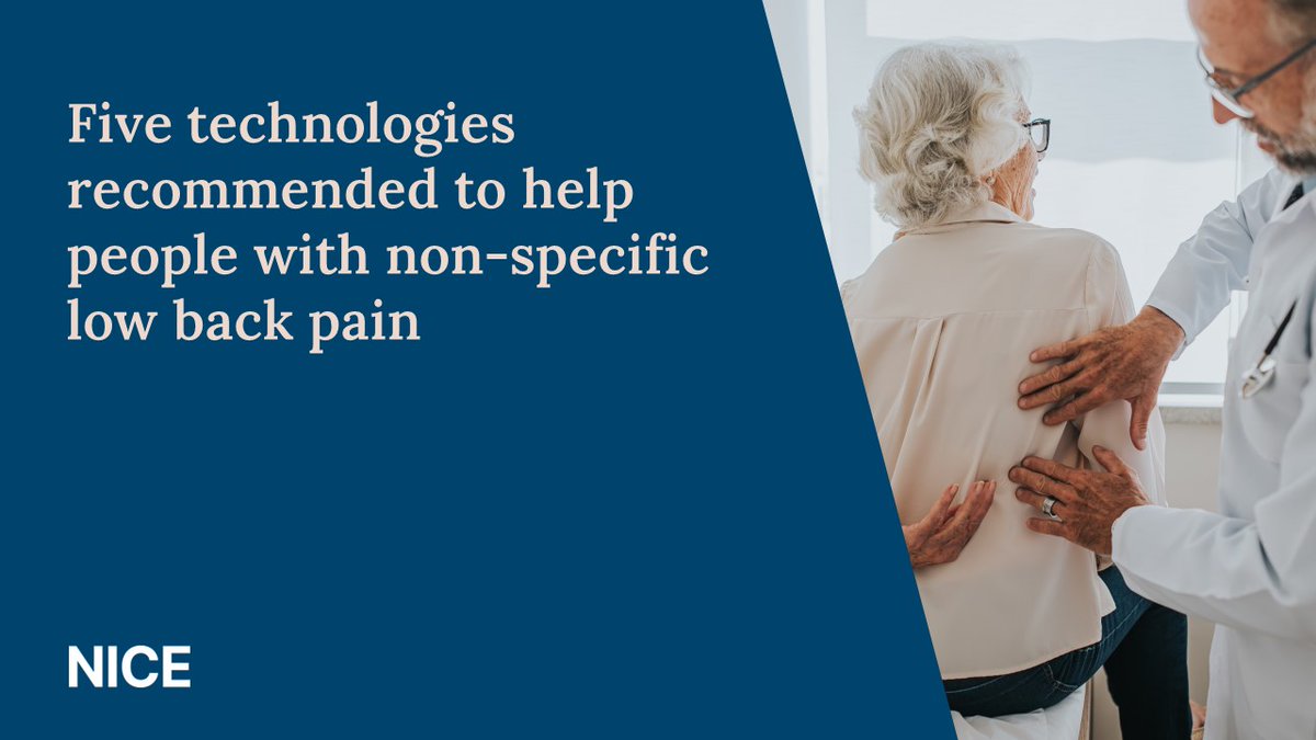 Thousands of people with low back pain could be offered access to five digital technologies to help manage their condition.

The platforms offer a variety of support including access to a multi-disciplinary team via video or text.

Learn more: nice.org.uk/guidance/hte16
#NICENews