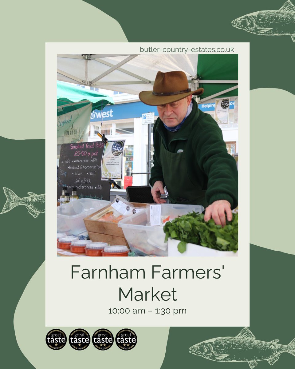 Good morning! We'll be at Farnham Farmers' Market this Sunday, with our delicious smoked trout. See you between 10:00 am – 1:30 pm! Can't make it today? Shop our trout products online or visit The Troutlet in Winchester every Thursday and Friday, 12-4 pm! ⭐️🐟💚⭐️