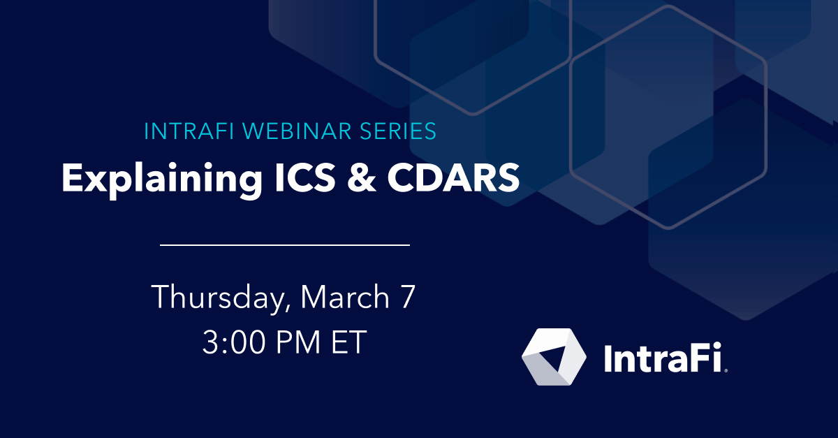 Reserve your seat for this Thursday’s Explaining ICS & CDARS webinar. Don’t miss this opportunity to learn best practices for using the services to win customer loyalty and grow deposits. Register here: intrafi.com/webinars/expla…