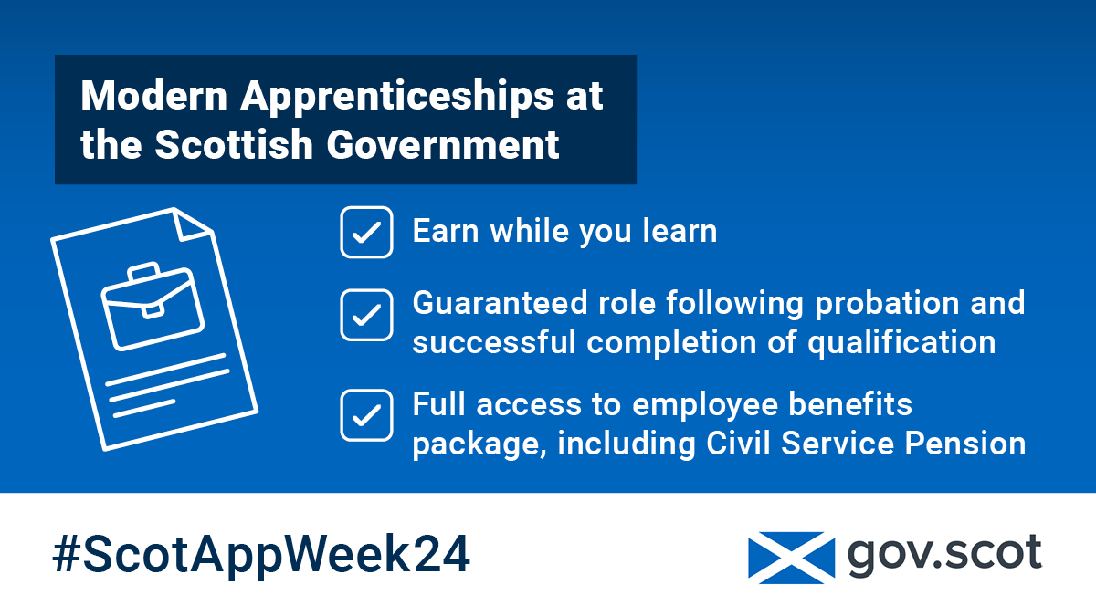 scotgovjobs's tweet photo. Modern Apprenticeships at the Scottish Government:
โ
Earn while you learn
โ
Guaranteed role following probation and successful completion of qualification
โ
Access to employee benefits package and Civil Service Pension
Follow us to see our latest vacancies
#ScotAppWeek2024 https://t.co/guw2dLTCnq