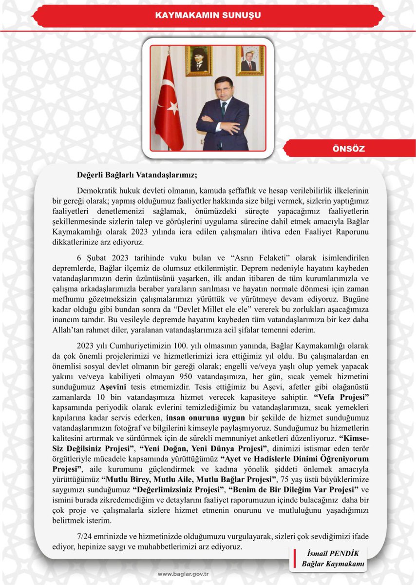 Demokratik hukuk devleti olmanın ve kamuda şeffaflık ve hesap verilebilirlik ilkelerinin bir gereği olarak; Bağlar Kaymakamlığı 2023 Faaliyet Raporunu dikkatlerinize  arz ederiz.🇹🇷👇

baglar.gov.tr/kurumlar/bagla…