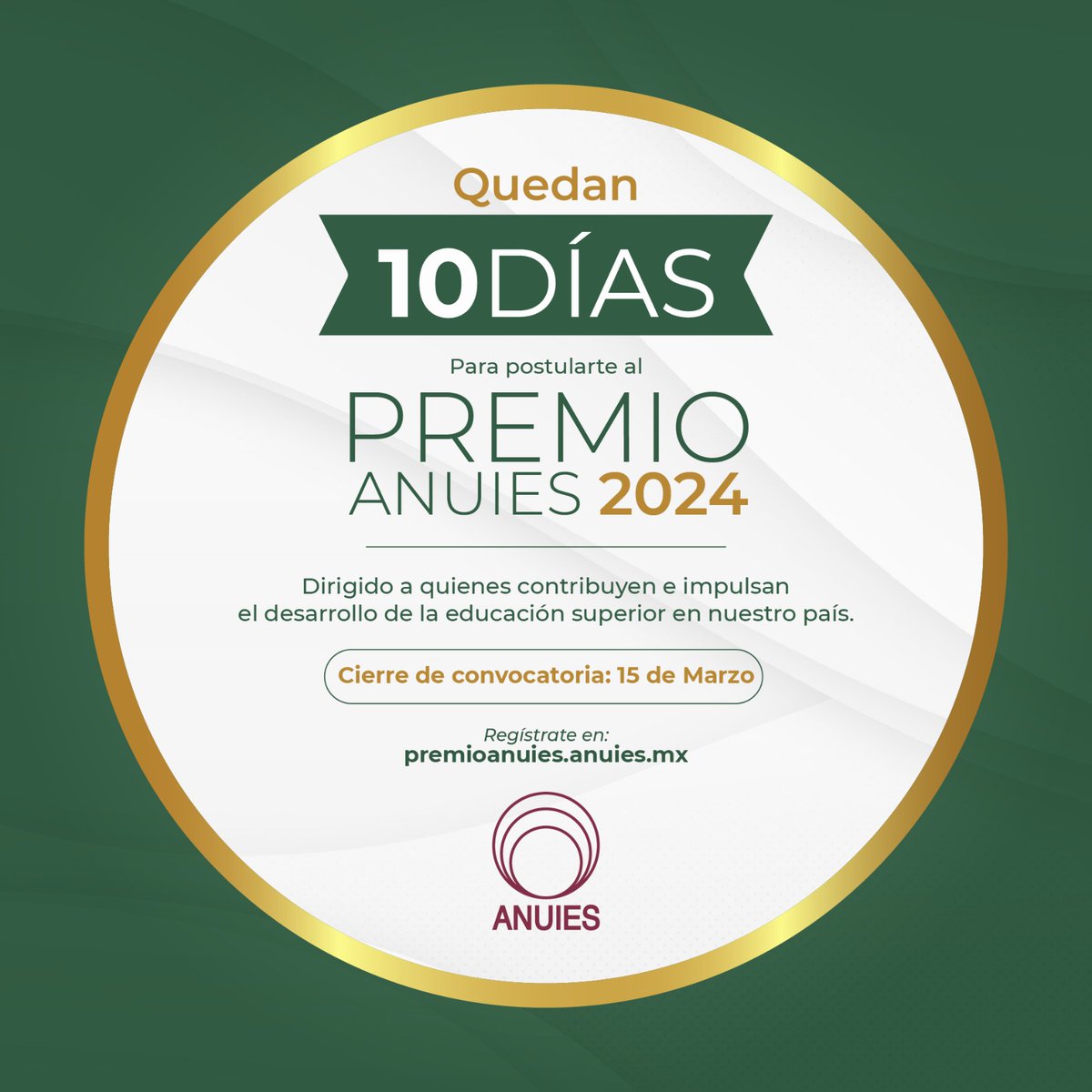 ANUIES's tweet image. Te recordamos que solo quedan 10 días para postularte al Premio #ANUIES 2024, dirigido a quienes contribuyen al desarrollo de la educación superior en México 🇲🇽 

📝 Realiza el registro aquí: premioanuies.anuies.mx