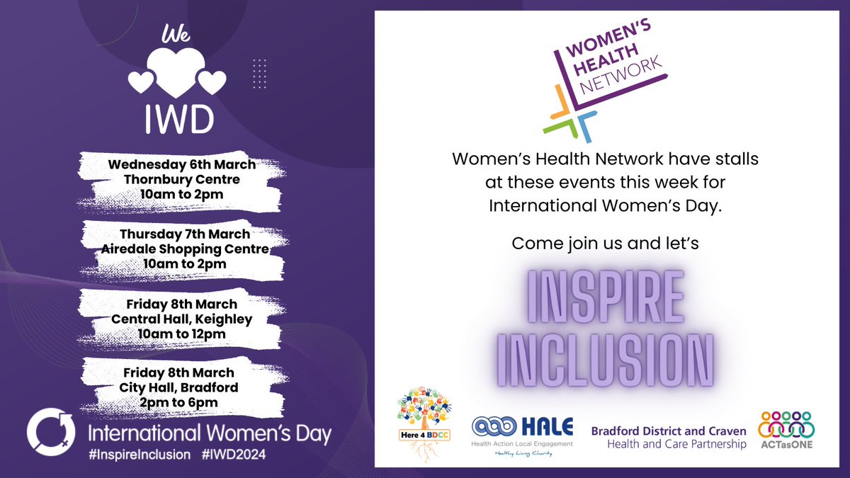 HALE ๐ (@halecharitybfd) on Twitter photo <a href="/WHN_BfdDistrict/">Women's Health Network</a> are attending several events in #Bradford and the district this week to celebrate #InternationalWomensDay2024 ๐
Pop along to an event near you to see the amazing work that women do within our community ๐
#IWD2024 #InspireInclusion <a href="/Here4BDCC/">Here 4 BDC Communities</a> <a href="/ActAsOneBDC/">Bradford District Craven Health & Care Partnership</a> <a href="/WHN_BfdDistrict/">Women's Health Network</a> are attending several events in #Bradford and the district this week to celebrate #InternationalWomensDay2024 ๐
Pop along to an event near you to see the amazing work that women do within our community ๐
#IWD2024 #InspireInclusion <a href="/Here4BDCC/">Here 4 BDC Communities</a> <a href="/ActAsOneBDC/">Bradford District Craven Health & Care Partnership</a>