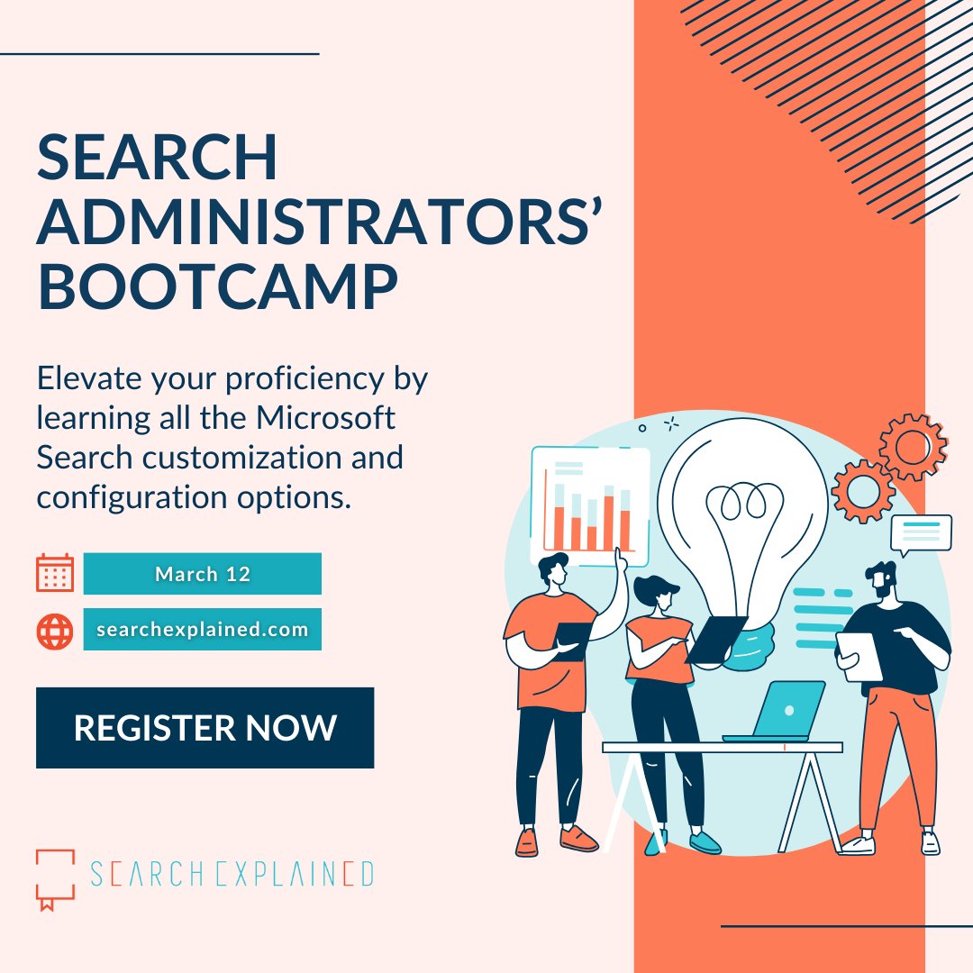 Don’t forget to take part in our exclusive online learning opportunity: The Search Administrators' Bootcamp! 📅 Date: March 12, 2024 🕔 Time: 5pm CET / 11am EST / 8am PST ➡️ Duration: 3 hours Register and learn more here: bit.ly/47u4PHA #Search #Microsoft