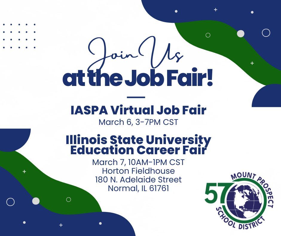 D57 has tables at two job fairs this week. 🤝 🎉 Come find us - there's never been a better time to join our crew!

--> IASPA Virtual Job Fair, March 6, 3-7PM CST, buff.ly/3P4nOSA
--> Illinois State University Education Career Fair, March 7, 10AM-1PM CST