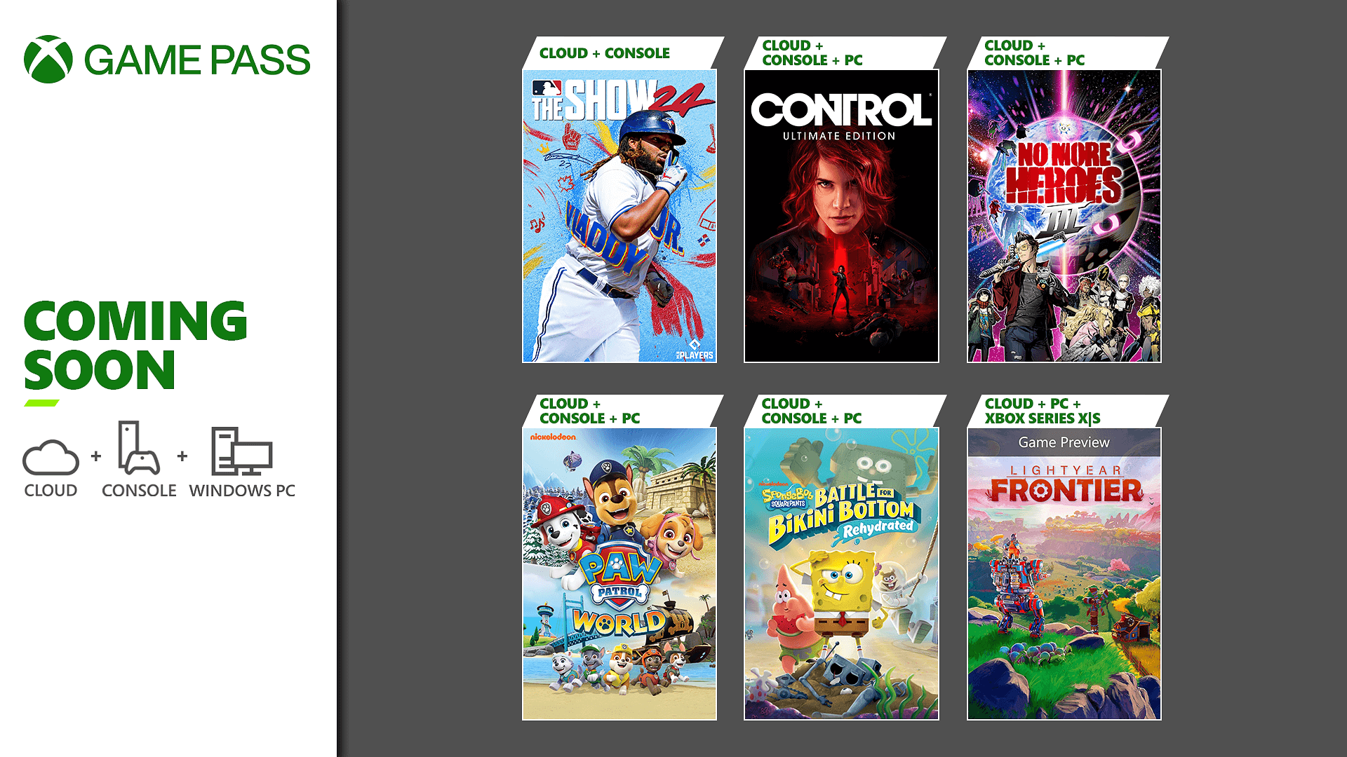 MLB The Show 24, Control Ultimate Edition, No More Heroes III, PAW Patrol World, Spongebob Squarepants: The Battle for Bikini Bottom - Rehydrated, and Lightyear Frontier are coming soon to Xbox Game Pass.