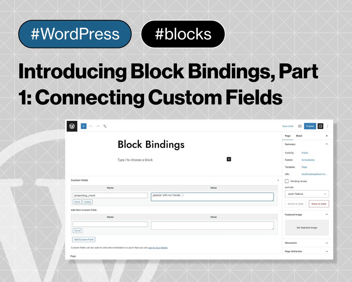 trewknowledge's tweet image. 💡@JustinTadlock unveils the power of the Block Bindings API in his latest series, starting with custom fields integration in #WordPress 6.5. 🎨 Discover why Block Bindings is the feature developers have been dreaming of. 

👉 ow.ly/IjOQ50QIh6U
#blocks #blockeditor