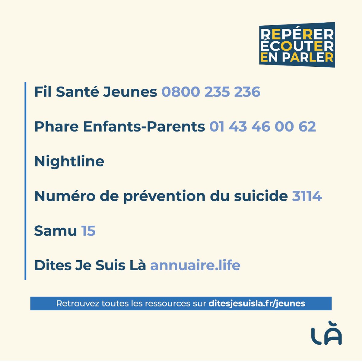🎓 Prévenir le suicide chez les jeunes. 

💛 Pour aider un•e proche en souffrance, une méthode simple existe : Repérer - Écouter - En parler. 

🆘 Si vous avez besoin d’aide, composez le 3114 ou le 15 en cas d’urgence. 

#DitesJeSuisLa #PreventionSuicide