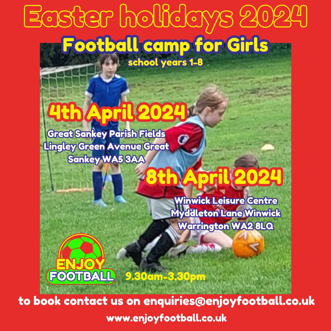 We are now taking bookings for our Easter holiday Football camps #Warrington To book a place contact us on enquiries@enjoyfootball.co.uk