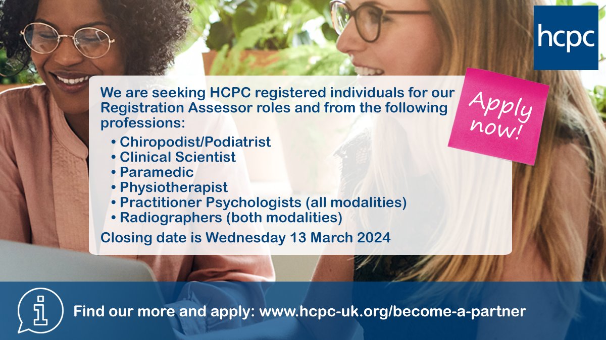 We are seeking #HCPCregistered professionals, from multiple professions, for the role of registration assessor. Closing date for applications is Wednesday 13 March 2024. Find out more and apply on our website 👇 ow.ly/EtWo50QLo4U