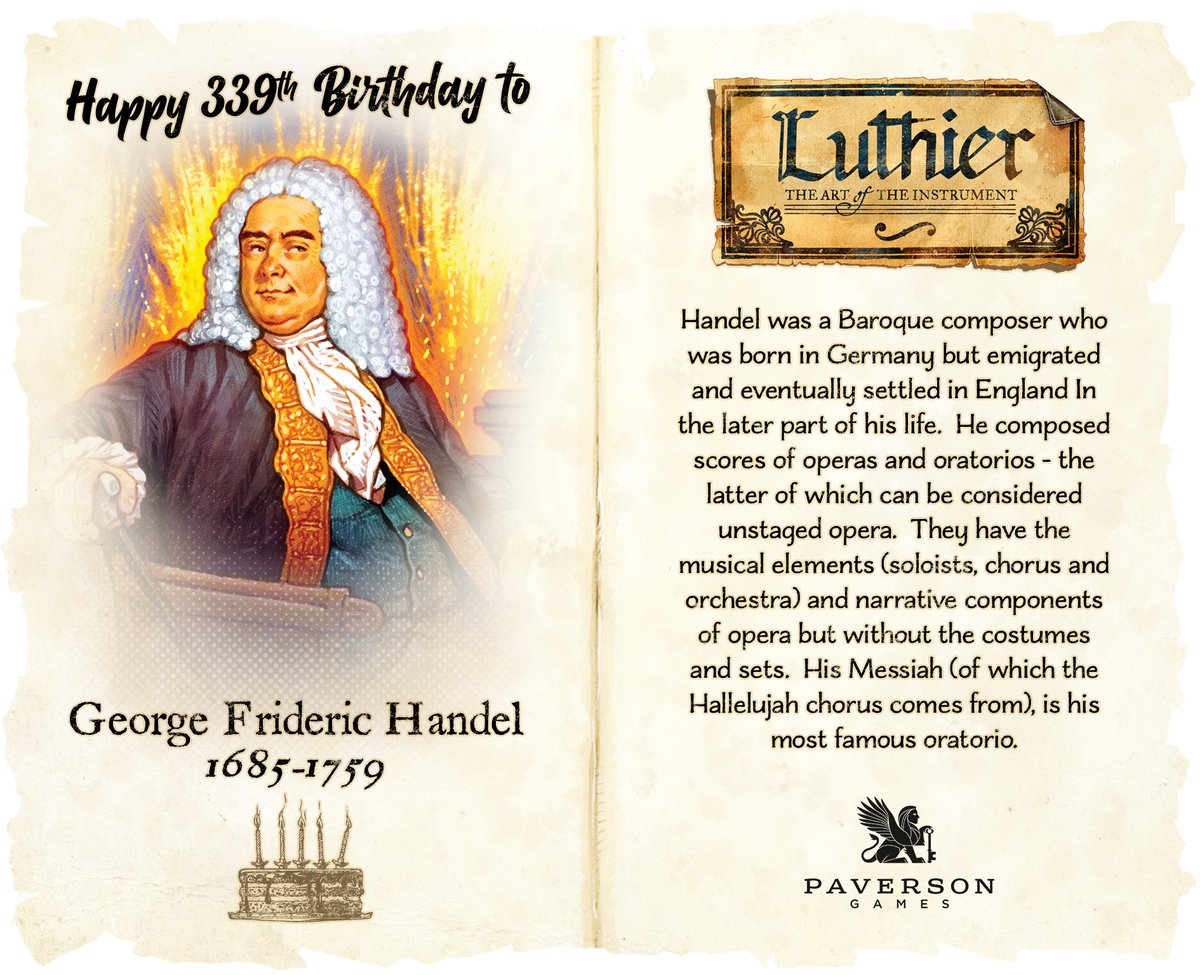 Who's ready for some #Messiah? #HappyBirthday to #Handel, who would be 339 today! 🎂🎶 Join us as we celebrate music for our board game, #Luthier, coming to #Kickstarter in 2024! 🥳🎻🎲 #handelsmessiah #orchestra #composer #baroque #classicalmusic #music #opera #symphony
