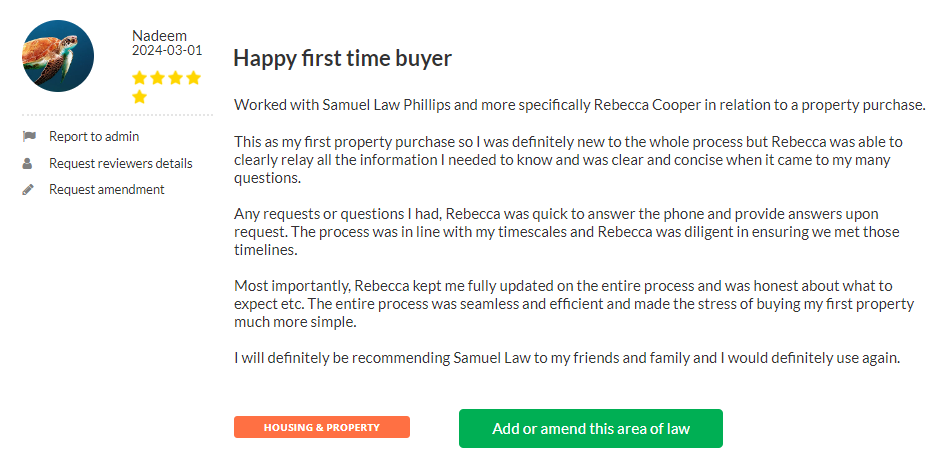 Well done, Rebecca Cooper from our Residential Property department for an amazing 5 star review via <a href="/ReviewSolicitor/">ReviewSolicitors</a> ! ⭐️👏 
If you would to get a quote to buy or sell a property, please contact on 0191 232 8451 today. #5STARSERVICES #residentialconveyancing #buyingandselling