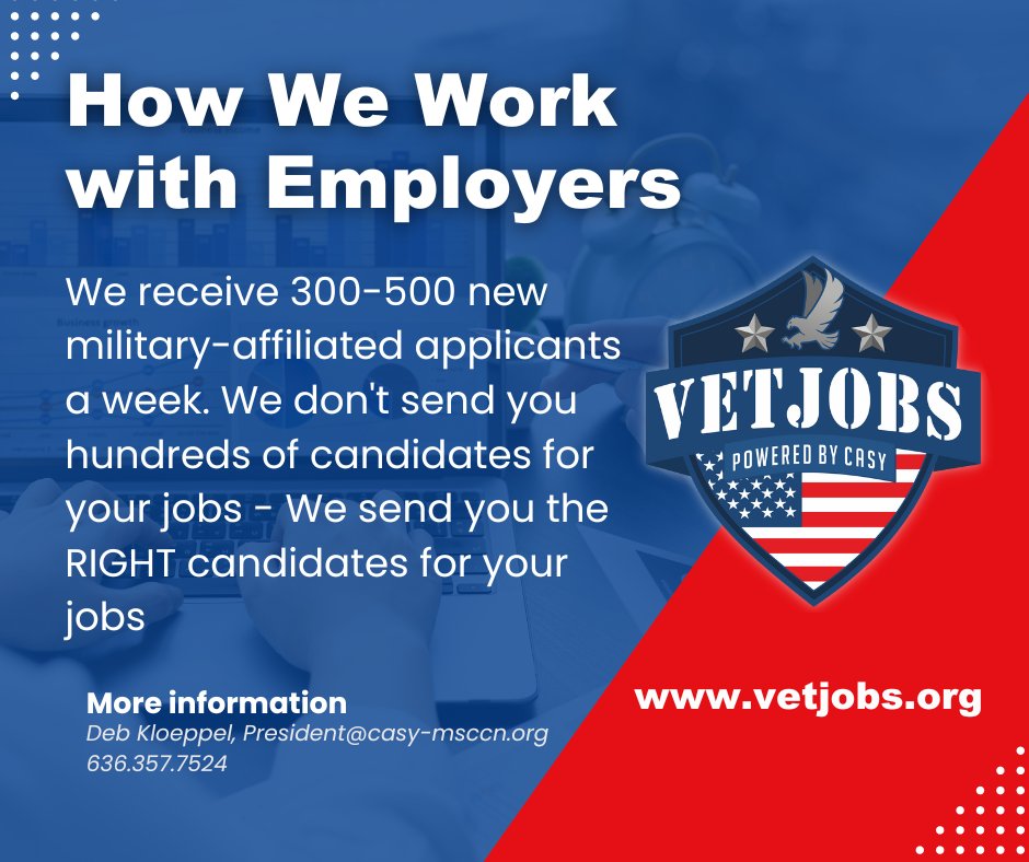 Join VetJobs' network and help support the employment needs of our nation's heroes. We partner with leading veteran organizations and government agencies to make a difference in the lives of veterans. #militarysupport #veteranservices #communityimpact
vetjobs.org/employers