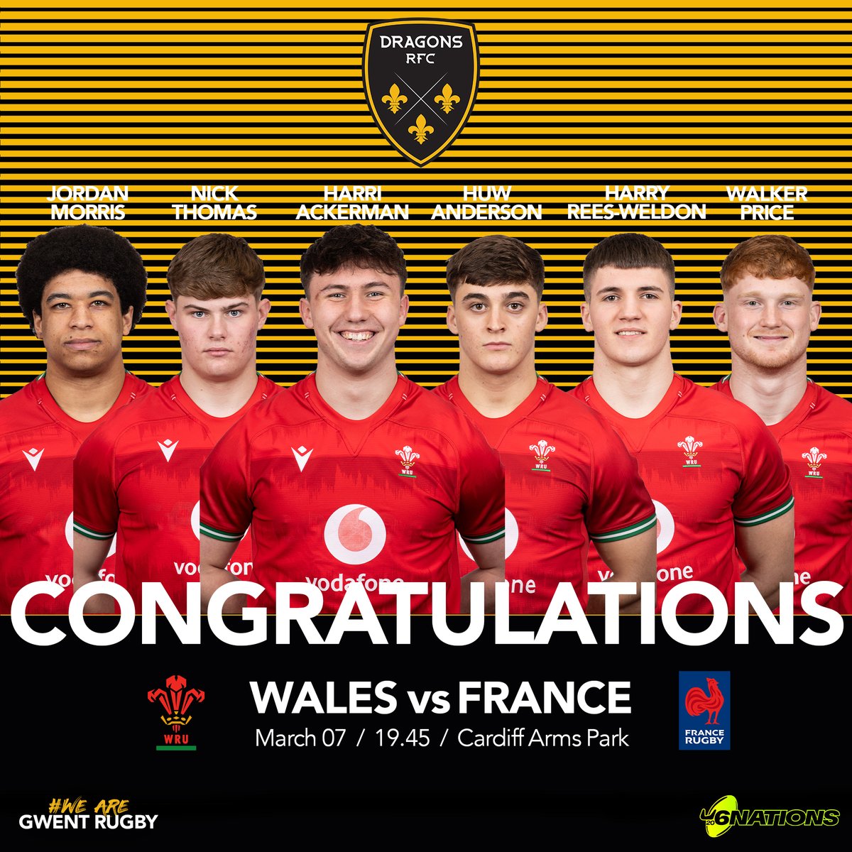 🏴󠁧󠁢󠁷󠁬󠁳󠁿 𝙒𝘼𝙇𝙀𝙎 | Congratulations to our 6⃣🐉named by @WelshRugbyUnion U20s to take on @FranceRugby U20s on Thursday evening 💪 Go well Nick Thomas, Harri Ackerman, Harry Rees-Weldon, Walker Price, Huw Anderson & Jordan Morris! ⤵️ #WeAreGwentRugby