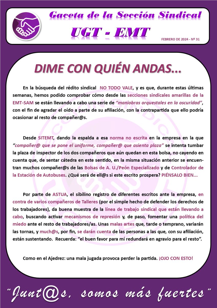 UgtEmt's tweet photo. 🗣️ ¡EXTRA! ¡EXTRA! ¡YA DISPONIBLE EL #31 DE LA GACETA DE LA SECCIÓN SINDICAL #UGT #EMT! 🗞️

ℹ️ Para + #INFO no dudéis en contactar con nosotr@s, a través de:
☎️ 952367236
📫 ss_ugt@emtsam.es

𝙐𝙂𝙏-𝙀𝙈𝙏 🤝
"𝙅𝙪𝙣𝙩@𝙨, 𝙨𝙤𝙢𝙤𝙨 𝙢á𝙨 𝙛𝙪𝙚𝙧𝙩𝙚𝙨"

#8M_Málaga
#8M2024
#8M https://t.co/xsTtDr34gw