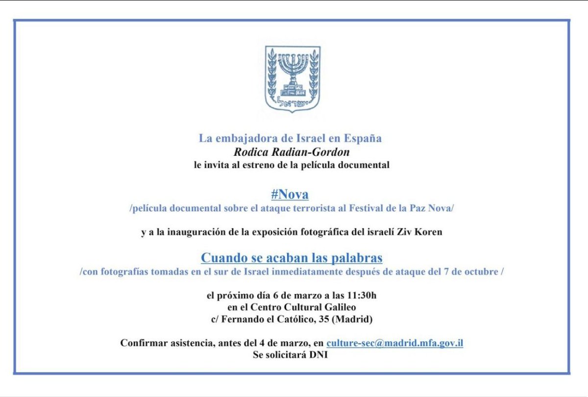 La embajadora de Israel va a ir mañana al Centro Cultural Galileo de Madrid a proyectar un documental y una exposición de fotos que justifican el genocidio sionista sobre Gaza.

Las vecinas se están organizando. Estaremos con ellas, invitamos a todo el mundo a sumarse.