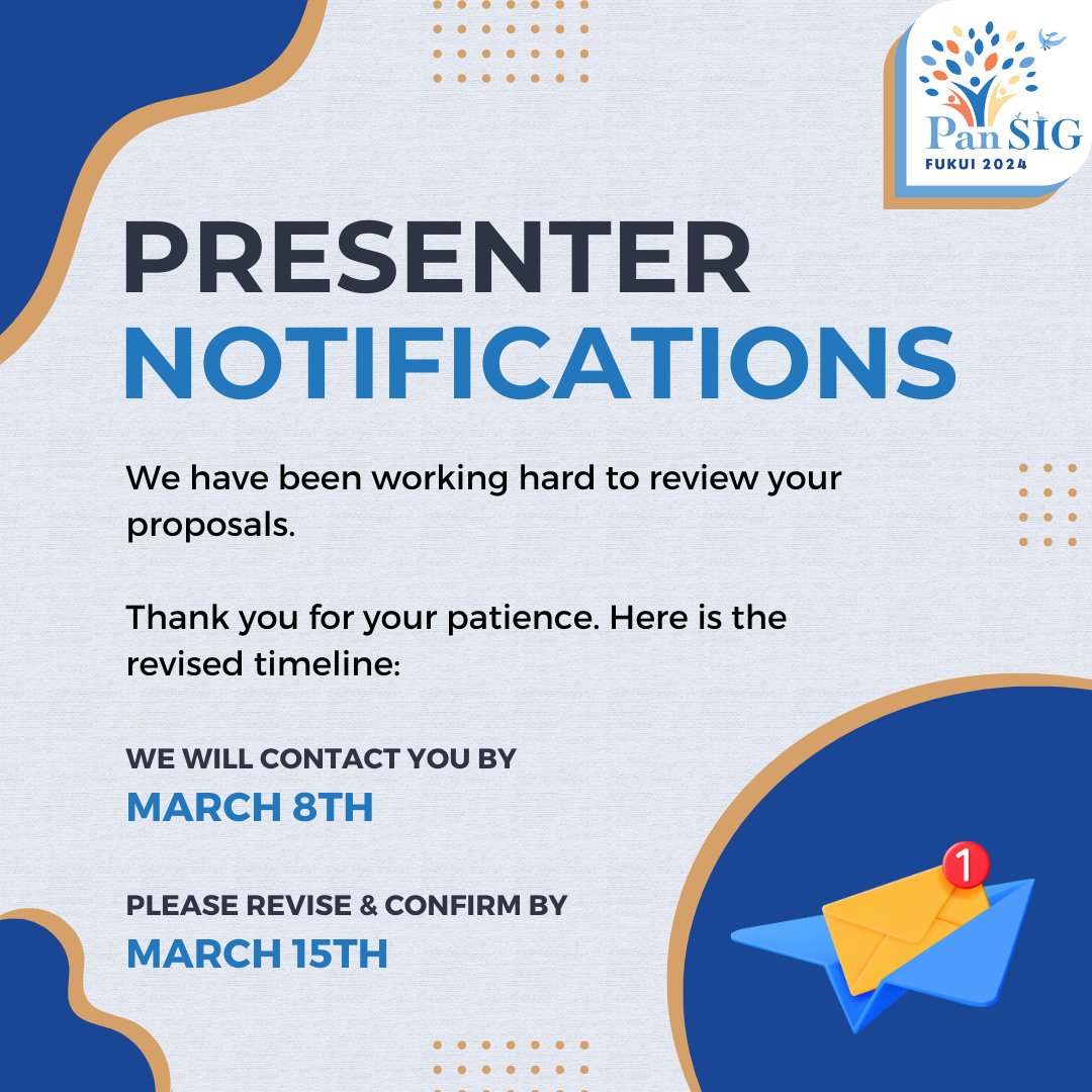 📢 Heads up, PanSIG2024 presenters! We’ve been reviewing your proposals and appreciate your patience.

A big THANK YOU for your engaging submissions!

🗓️ Mark Your Calendars:

Notifications by March 8th.
Confirm your spot by March 15th.
Can't wait to showcase our lineup! ✨
