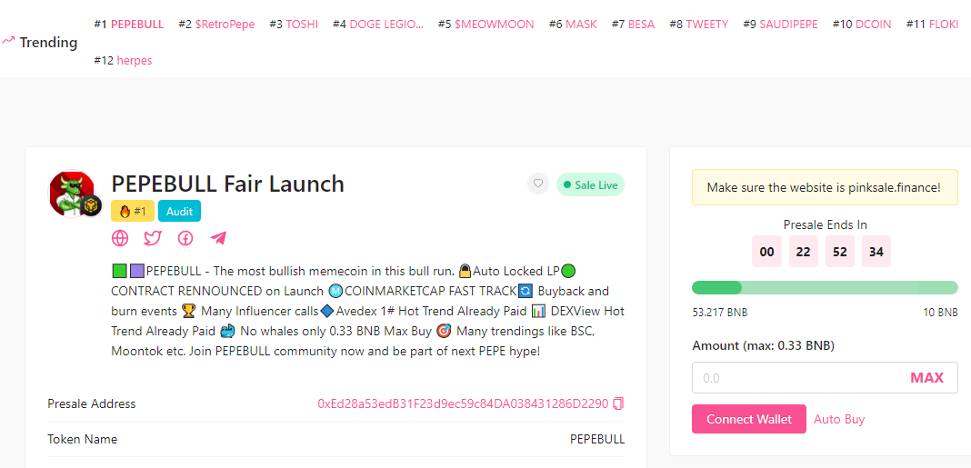 PEPEBULL_BSC's tweet photo. #PEPEBULL presale number 1# on Pinksale now!

Only 0.33 BNB Max Buy
Huge Launch marketings are ready!

https://t.co/Lz3fLvFfEx

#bsc #bnb #btc #elonmusk #bitcoin #shiba #wif #luna https://t.co/QcLkbDyBWj