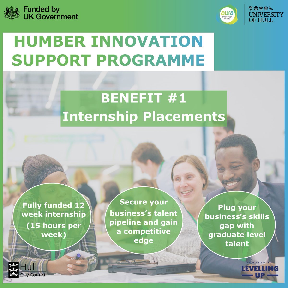 Benefit #1 - Internship Placements

Gain access to a 12 week FULLY FUNDED intern with the Humber #Innovation Support Programme.

Contact <a href="/_aurainnovation/">Aura</a> for an eligibility check today 👇
aura-innovation.co.uk/contact/