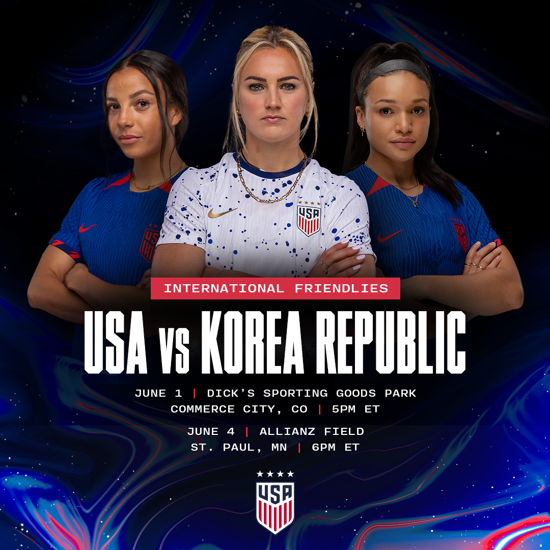 Kicking off summer in Colorado and Minnesota! ☀️

🇺🇸 USA vs Korea Republic🇰🇷
📆 June 1
📍 Commerce City, CO

🇺🇸 USA vs Korea Republic🇰🇷
📆 June 4
📍 St. Paul, MN
Presented by <a href="/Allstate/">Allstate</a> 

Full Match Info » ussoc.cr/24WNTJune
