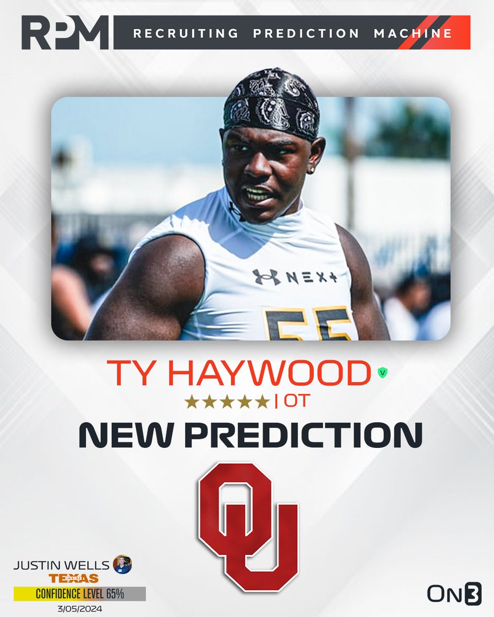 Texas recruiting insider <a href="/justinwells2424/">Justin Wells</a> has logged an expert prediction for Oklahoma to land 5-star OT Ty Haywood‼️

Intel: on3.com/teams/texas-lo…