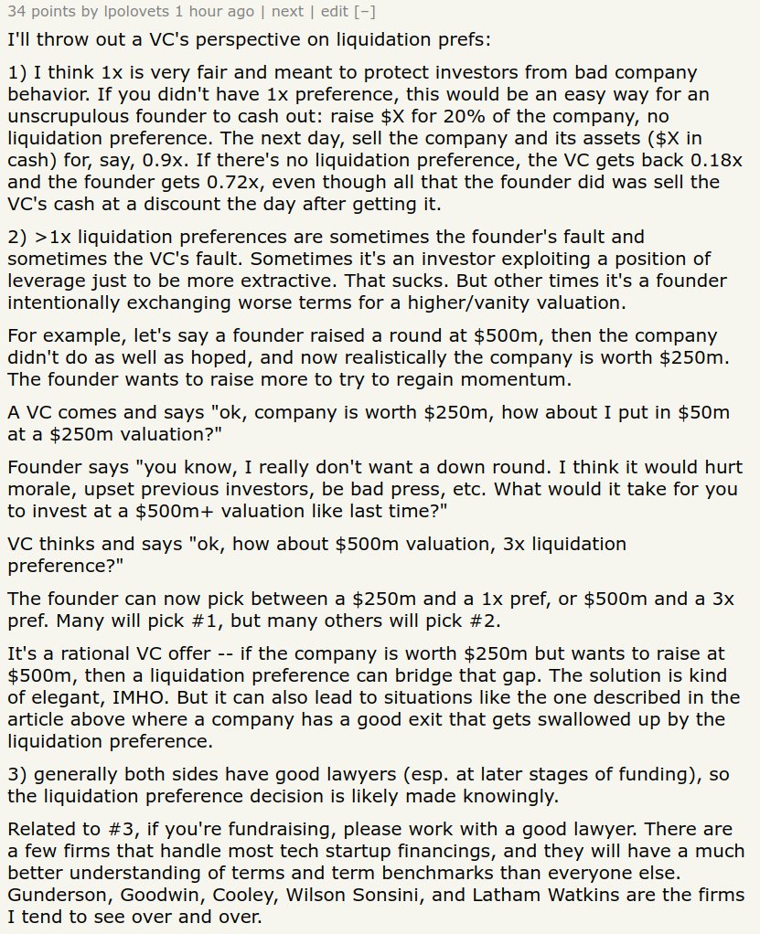 lpolovets's tweet image. I posted some thoughts on liquidiation preferences over at Hacker News: news.ycombinator.com/item?id=395989…