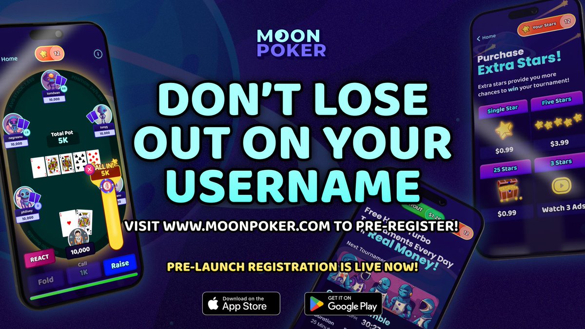 🚀 Don't miss out on the poker revolution! 🌙 Secure your spot for Moon Poker's launch & enjoy free hyper turbo tournaments like never before.

Reserve your spot now on moonpoker.com!

#MoonPoker #PokerRevolution #ClaimYourSeat #PokerEnthusiasts #OnlineGamingX #newapp