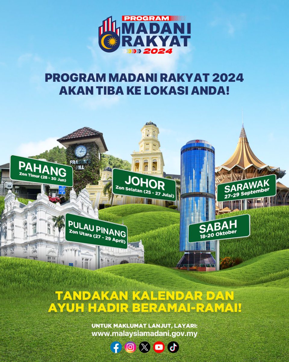 MalaysiaMadani's tweet image. Nantikan Program MADANI Rakyat 2024 yang akan tiba lokasi anda!

📍Zon Utara (Pulau Pinang ) 27 hingga 29 April 2024

📍Zon Timur (Pahang) 28 hingga 30 Jun 2024

📍Zon Selatan (Johor) 25 hingga 27 Julai 2024 

📍Sarawak ( 27 hingga 29 September 2024)

📍Sabah (18 hingga 20…
