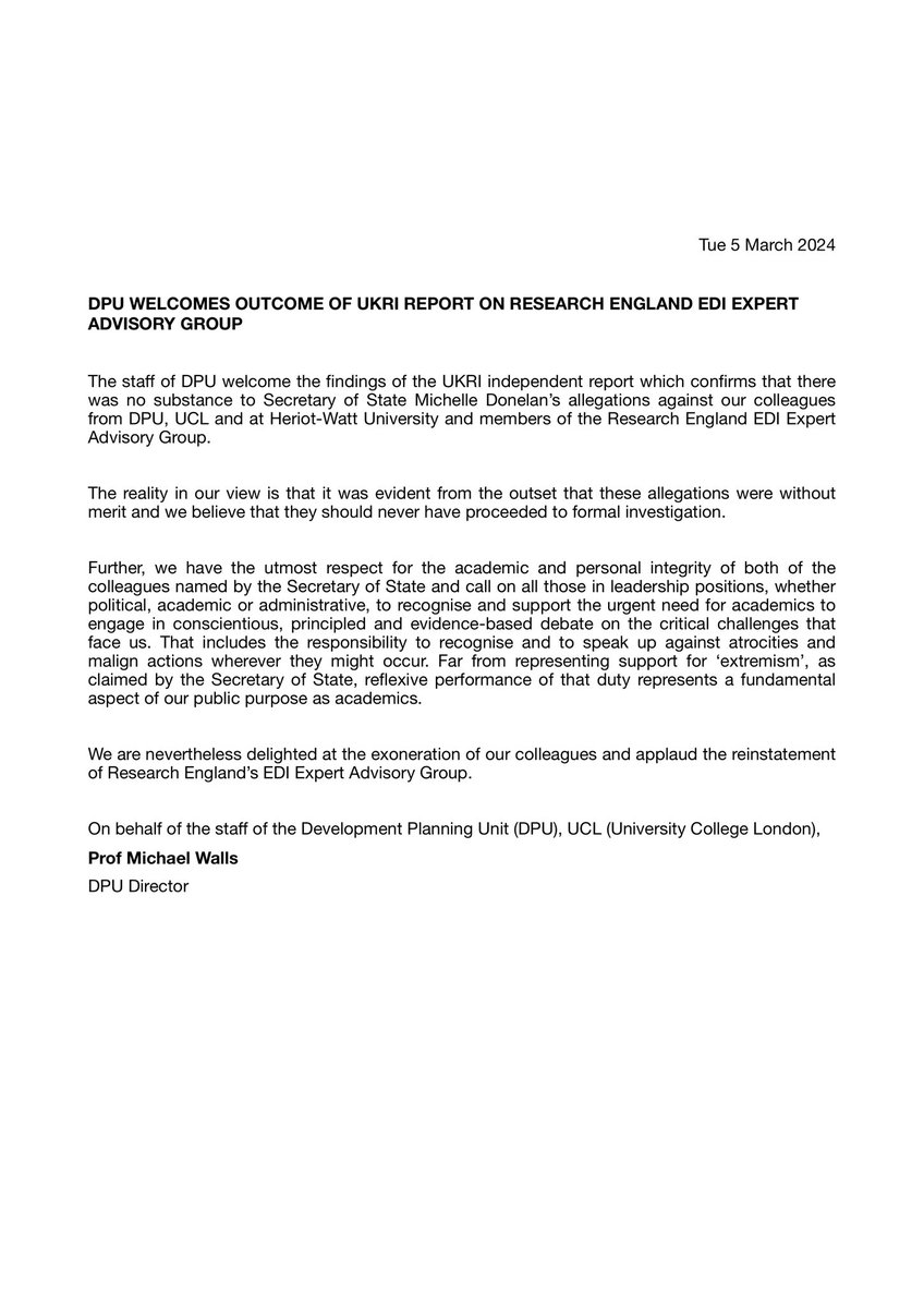 Our statement welcoming UKRI exoneration of our colleagues is here @dpu_ucl @UKRI_News