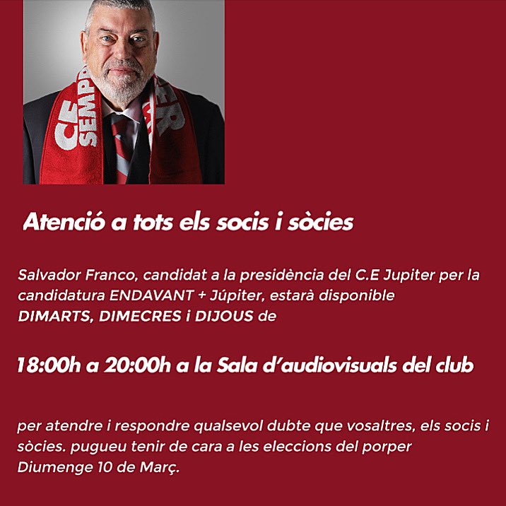 ❗️Atenció Jupiteristes, el candidat Salvador Franco estarà a la vostra disposició per atendre les vostres consultes a la sala d’audiovisuals del club de 18:00h a 20:00h DIMARTS, DIMECRES i DIJOUS d’aquesta setmana. 

✌🏻 Feu-nos confiança perquè no fallarem!