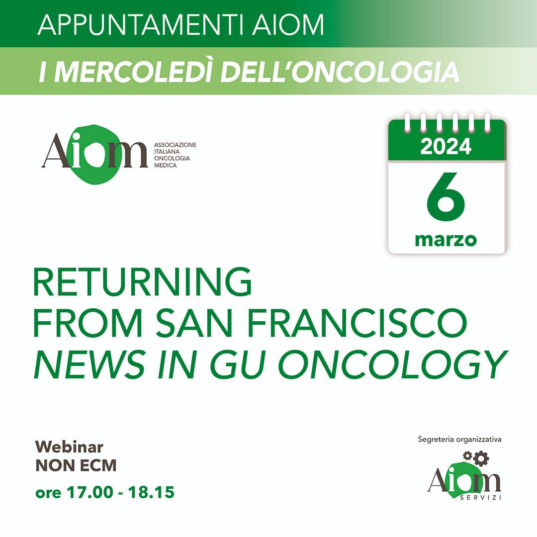 Domani alle ore 17:00 saremo in live streaming su Zoom e su AIOM tv per discutere dei dati presentati al GU Symposium di San Francisco.
Consulta il programma bit.ly/3wPmFbh
Iscriviti qui bit.ly/49AIaer
#mercoledìdelloncologia #aiom #webinar #GenitourinaryCancers