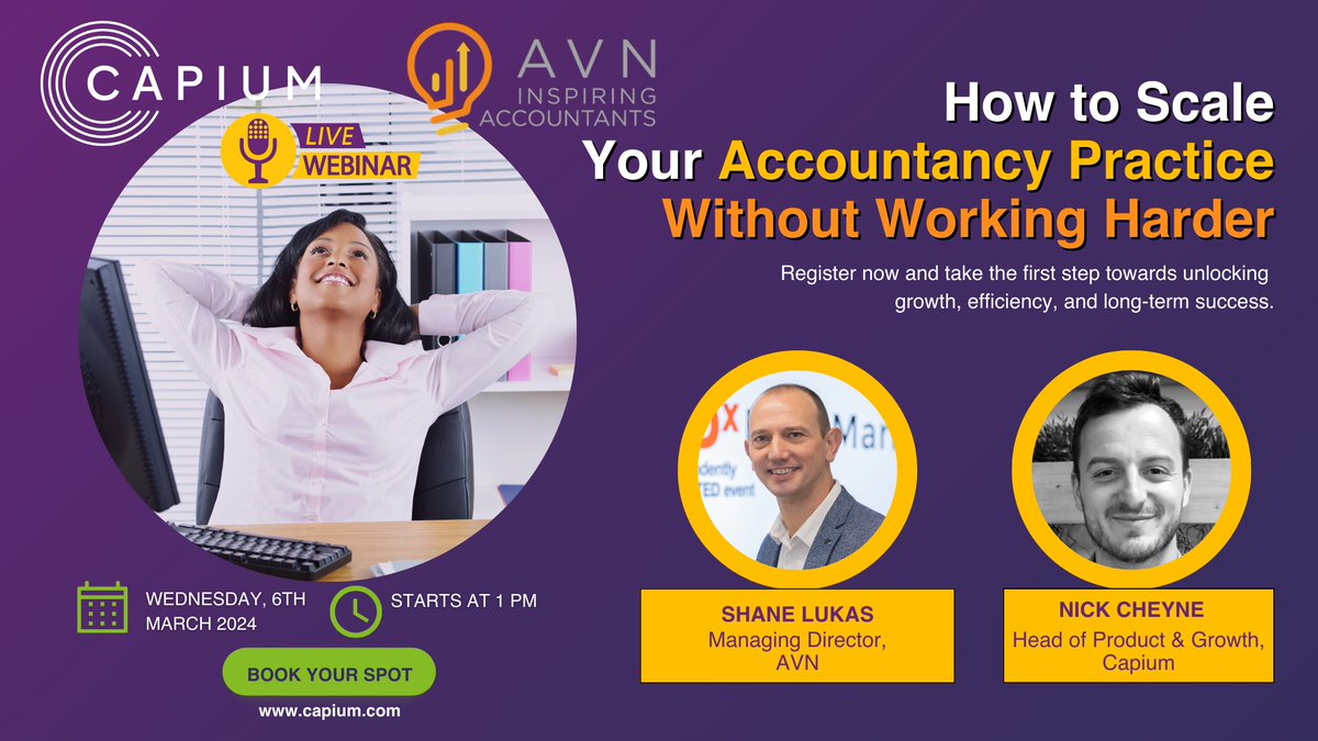 Capium's tweet image. Are you ready to take your #accountingpractice to the next level?

Join us at 1PM tomorrow to With Guest speaker @shanelukasavn Lukas, Managing Director at  @AVNInspiringAcc .

Click here to register today: bit.ly/3TnTPqr