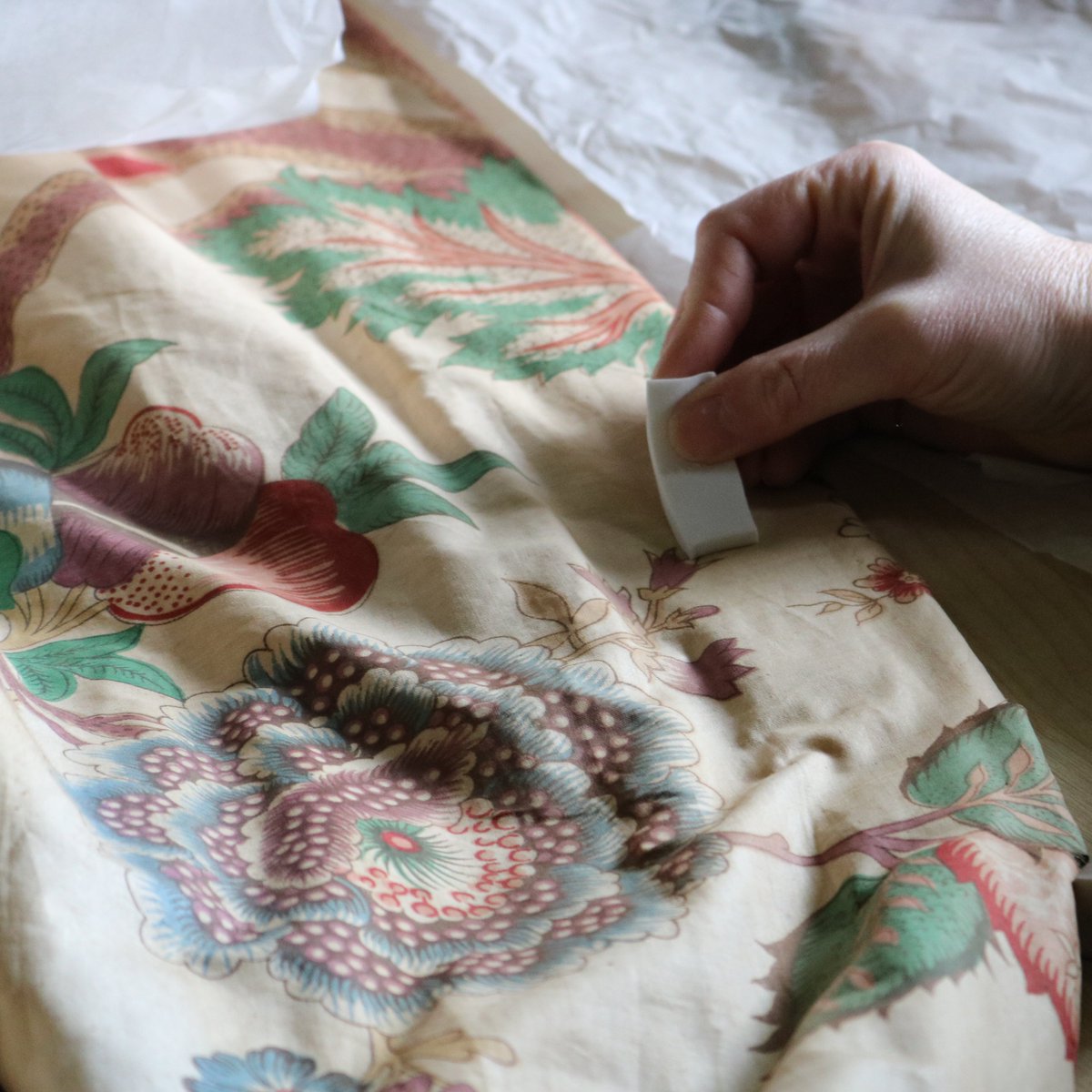 We’re working with a specialist textile conservator to improve the condition of the curtains in our Study – original features from last owner Maud Russel’s design scheme for the house. Last week we removed the curtains to begin work, starting with a careful clean. #TextileTuesday