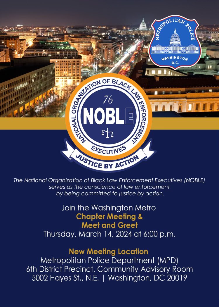 NOBLE Washington Metro (@noble_wmc) on Twitter photo DMV law enforcement, you are invited to the NOBLE WMC meet and greet👮on Thursday, March 14, 2024, at 6 pm. We look forward to meeting you. Food and refreshments will be served. Stay safe! <a href="/DCPoliceDept/">DC Police Department</a> DMV law enforcement, you are invited to the NOBLE WMC meet and greet👮on Thursday, March 14, 2024, at 6 pm. We look forward to meeting you. Food and refreshments will be served. Stay safe! <a href="/DCPoliceDept/">DC Police Department</a>