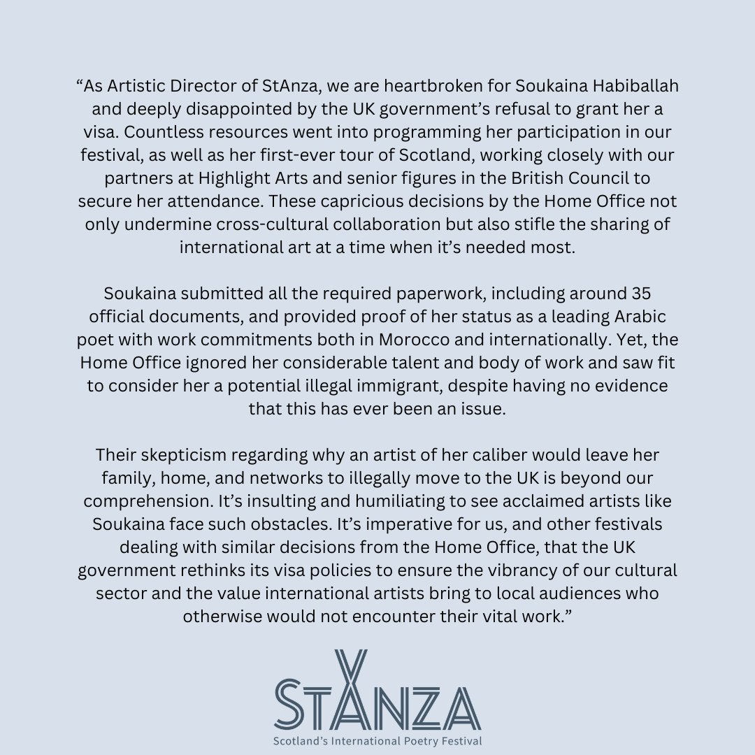 We are sorry to announce that Soukaina Habiballah will no longer join us in person at StAnza 2024, having been refused entry to the UK by the Home Office. Please read Artistic Director Ryan Van Winkle's full statement: