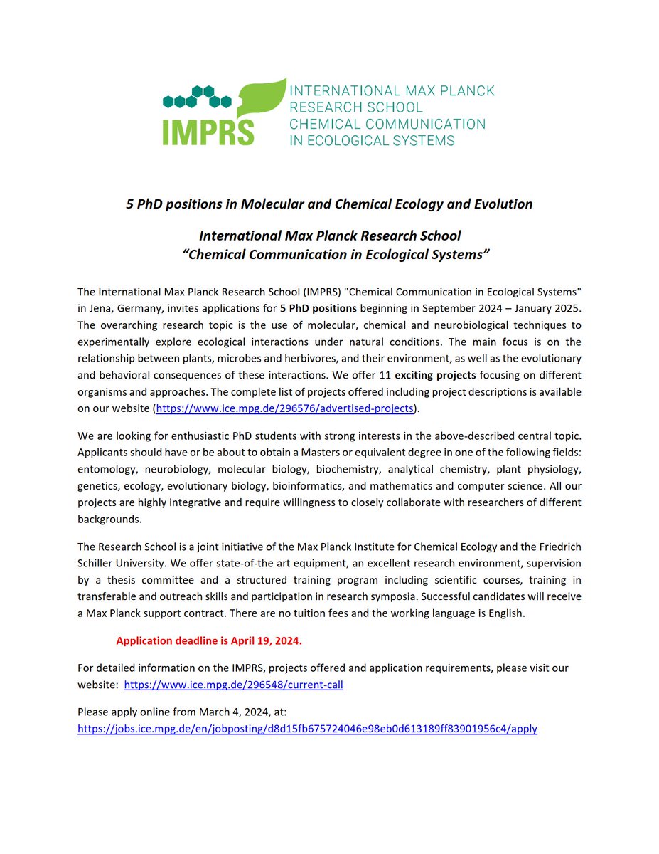 Call for applications! We offer 5 PhD positions in chemical ecology, chemoinformatics and molecular biology. Check out our 11 cool projects and the application requirements: ice.mpg.de/296548/current…