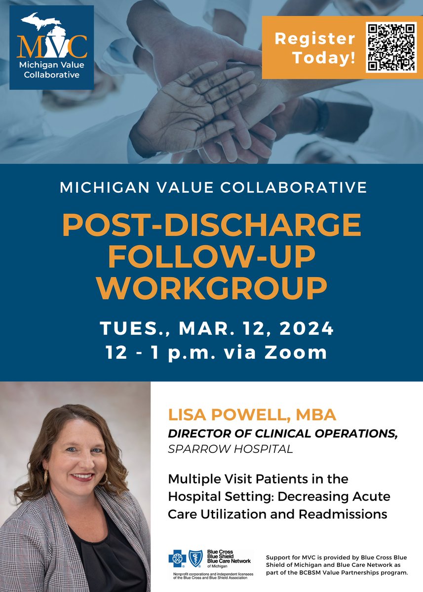 Join MVC next Tuesday at noon for the first post-discharge follow-up workgroup of the year. Director of Clinical Operations at Sparrow Hospital, Lisa Powell, MBA, will present on methods to decrease acute care utilization and readmissions. Register today: tinyurl.com/3p2d6ytz