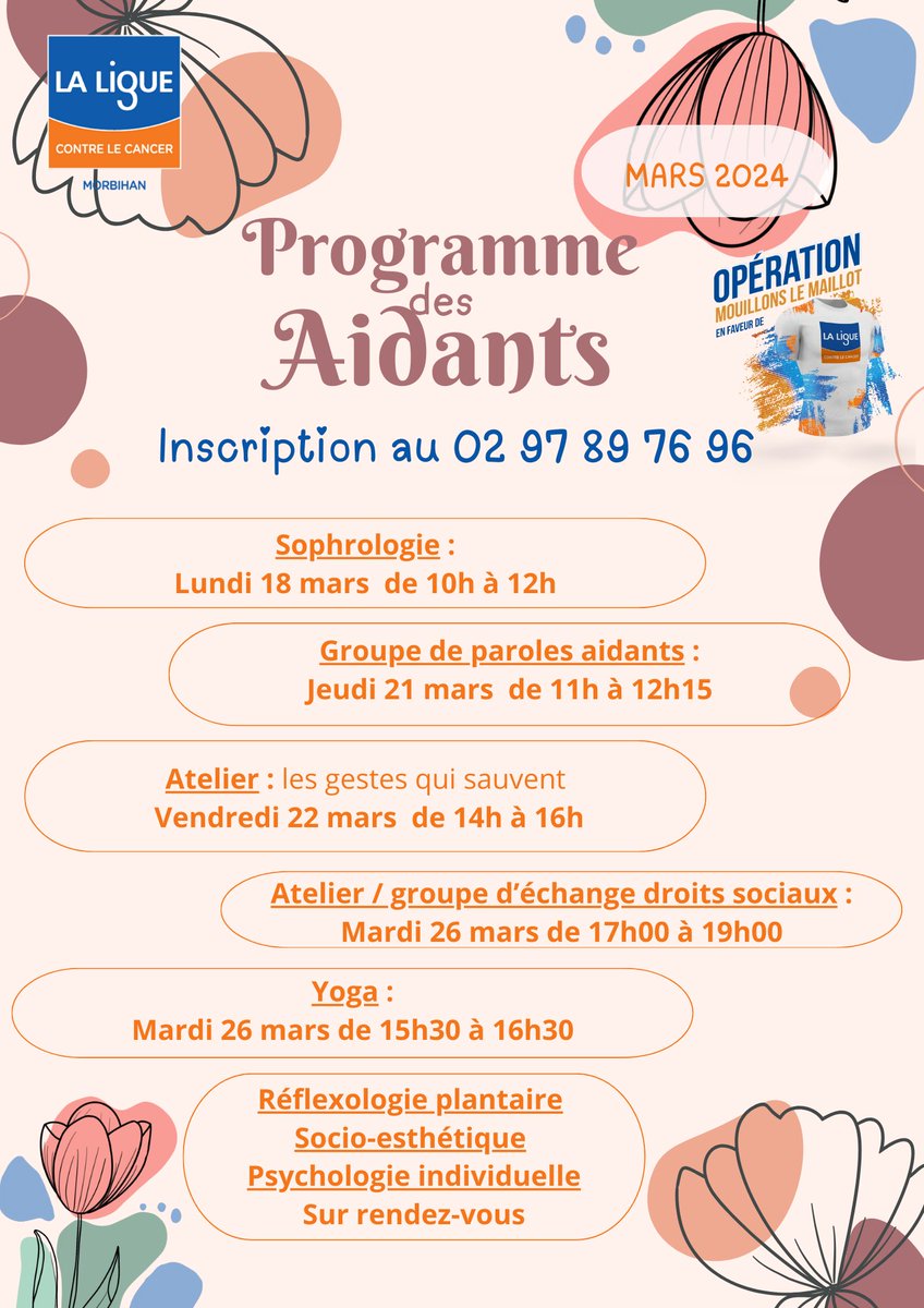 LCancer56's tweet photo. 🌟 Programme d'aide Mars 2024 à l'Espace Ligue de Lorient : sophrologie, groupe de paroles, atelier "Les gestes qui sauvent", yoga, etc. Inscrivez-vous au 02 97 89 76 96. #Aidants #Bienêtre #cd56 https://t.co/j2fu9R6W8U