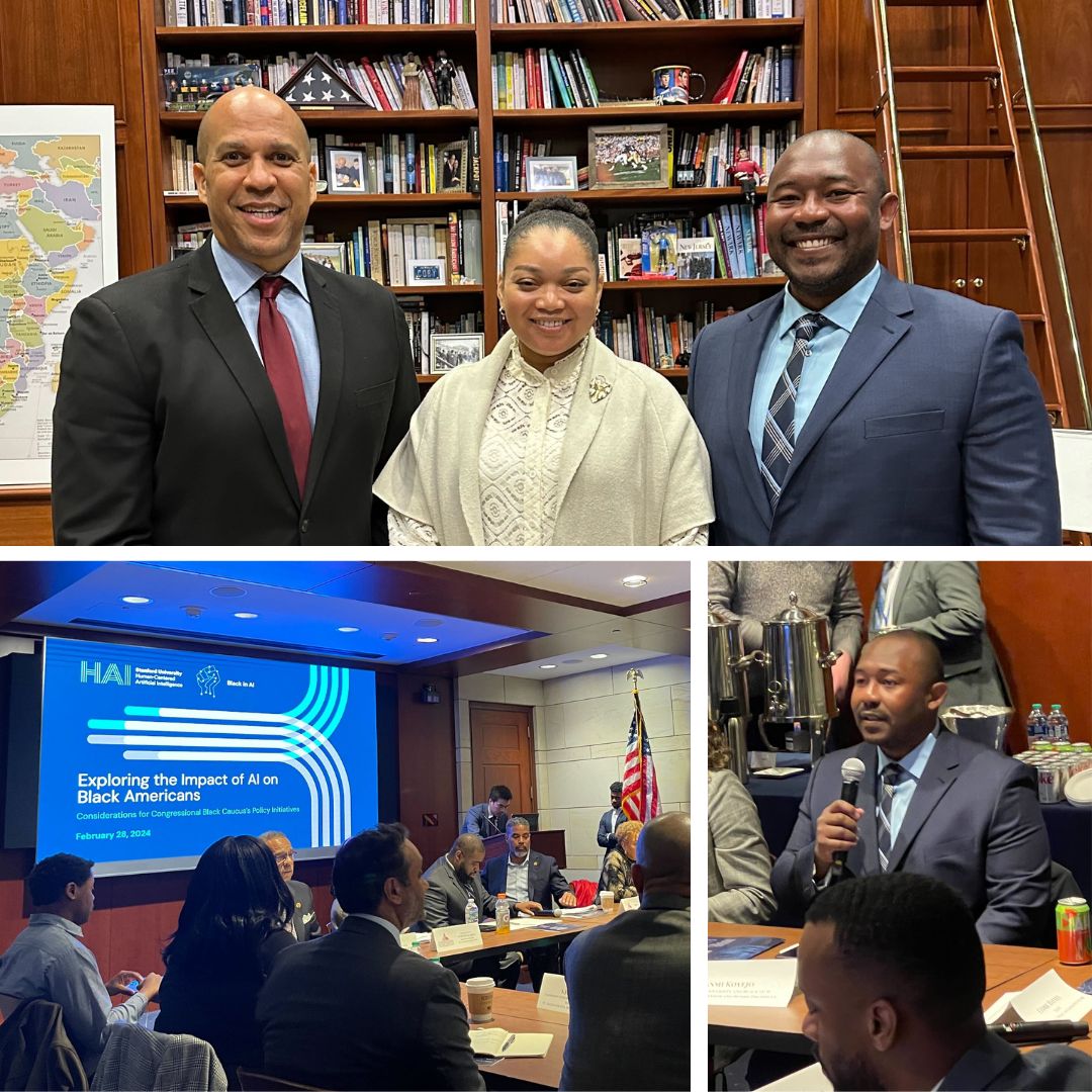 HAI faculty affiliate @sanmikoyejo presented the white paper to @RepHorsford, @RepYvetteClarke, @RepBarbaraLee, @repcleaver at the inaugural @TheBlackCaucus’s AI Policy Series meeting last week & met with Senator @corybooker in Washington along w/ @black_in_ai CEO Gelyn Watkins.