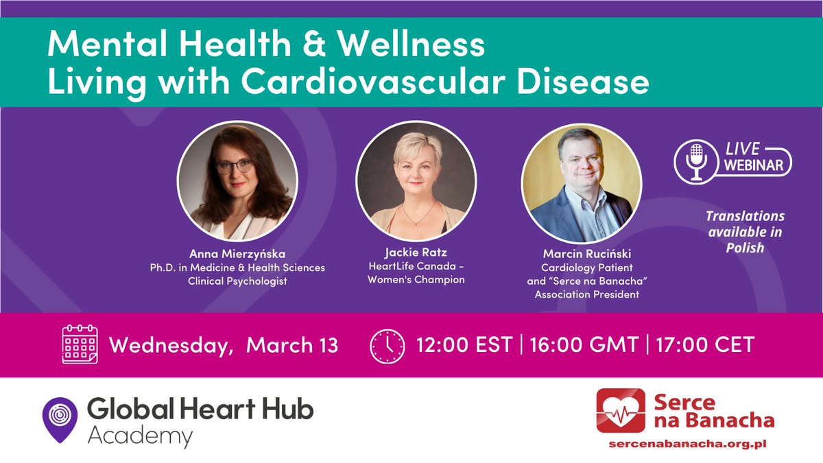 HeartLife Foundation (@heartlifecanada) on Twitter photo <a href="/GlobalHeartHub/">Global Heart Hub</a> is hosting an Empower Webinar - Mental Health & Wellness. This webinar is free and open to all!
This session will feature clinical psychologist Dr Anna Mierzyńska and patient advocates Marcin Rucinski and <a href="/jackie_ratz/">Jackie Ratz 🇨🇦</a>
Also the audience will have the option of <a href="/GlobalHeartHub/">Global Heart Hub</a> is hosting an Empower Webinar - Mental Health & Wellness. This webinar is free and open to all!
This session will feature clinical psychologist Dr Anna Mierzyńska and patient advocates Marcin Rucinski and <a href="/jackie_ratz/">Jackie Ratz 🇨🇦</a>
Also the audience will have the option of