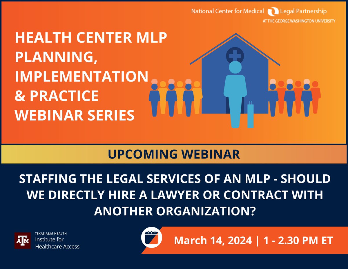 Join us to explore various approaches to staffing the legal services of an MLP, such as building it as a direct service, contracting with a community-based legal services organization, or using a hybrid of the two models. 🔗gwu-edu.zoom.us/webinar/regist…