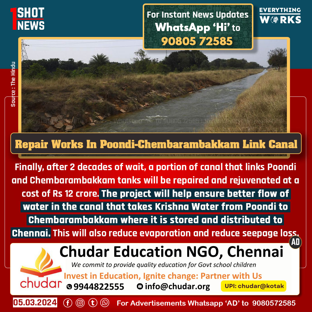 Finally, after 2 decades of wait, a portion of canal that links Poondi and Chembarambakkam tanks will be repaired and rejuvenated at a cost of Rs 12 crore. The project will help ensure better flow of water in the canal that takes Krishna Water from Poondi to Chembarambakkam where