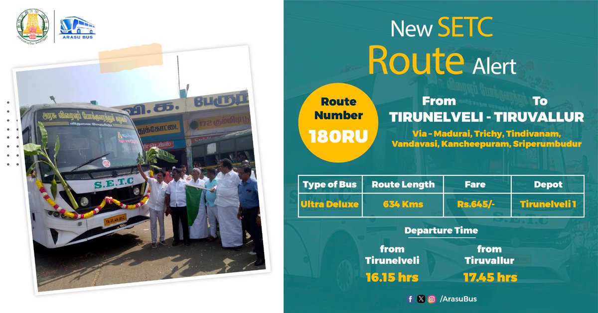 Exciting News Alert! 

Introducing our new route: 180RU, from TIRUNELVELI to TIRUVALLUR!

Get ready for the journey via Madurai, Trichy, Tindivanam, Vandavasi, Kancheepuram, and Sriperumbudur. 

Experience the convenience and comfort of traveling with us. Book your tickets now at…