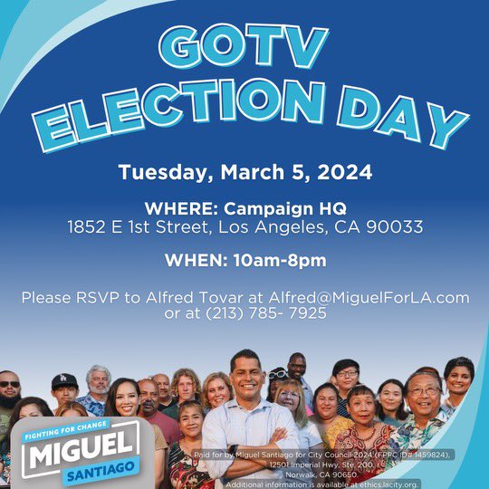 Happy Election Day! We’re pounding the pavement and knocking on doors! 👟👟

Stop by today from 10am-8pm.

RSVP to Alfred Tovar at (213) 785- 7925 or Alfred@miguelforla.com.