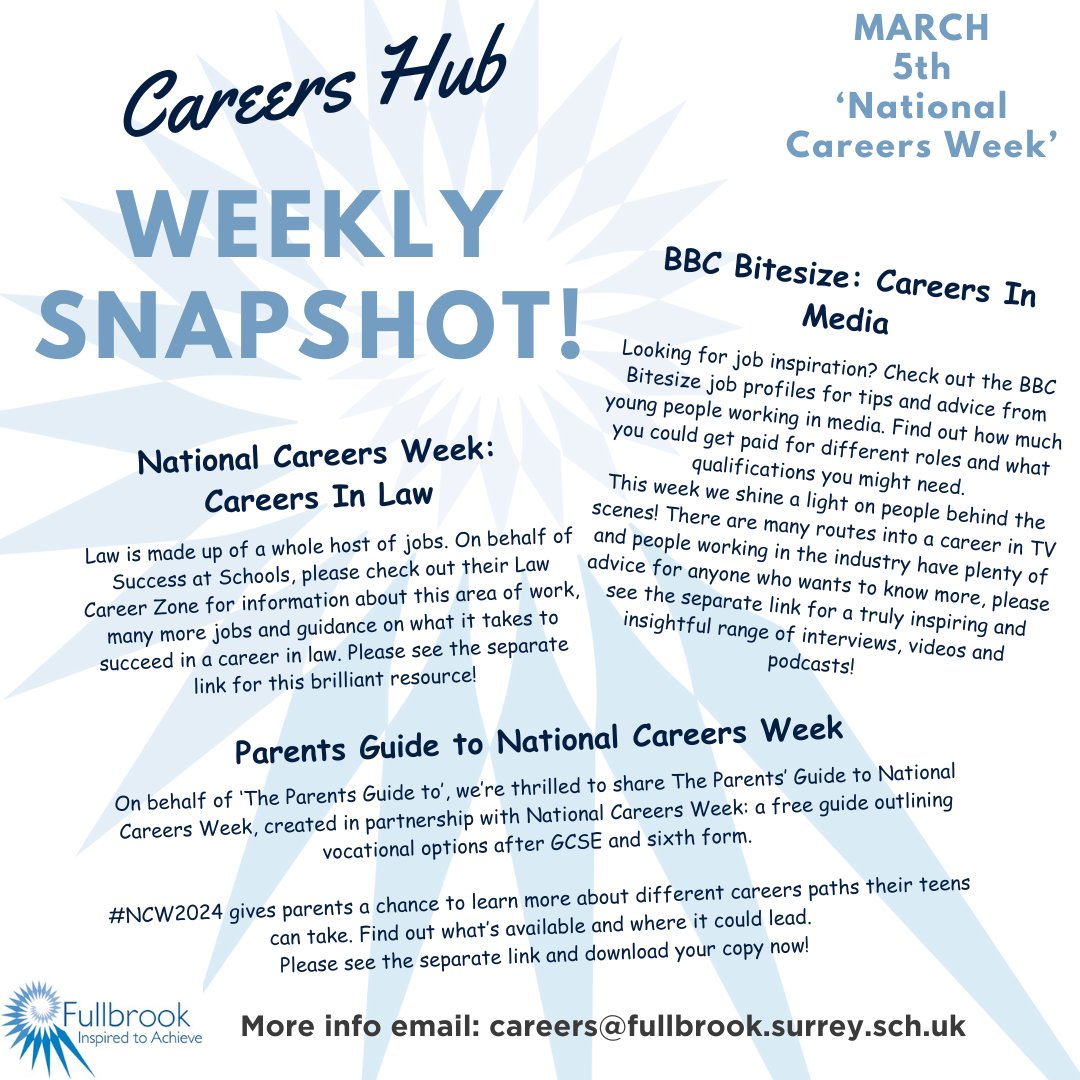 BBC Bitesize: Careers In Media
Careers in media - Careers - BBC Bitesize

The Parents Guide to National Careers Week
National Careers Week - parent/teacher guide (theparentsguideto.co.uk)

Careers in........Law
Law (successatschool.org)