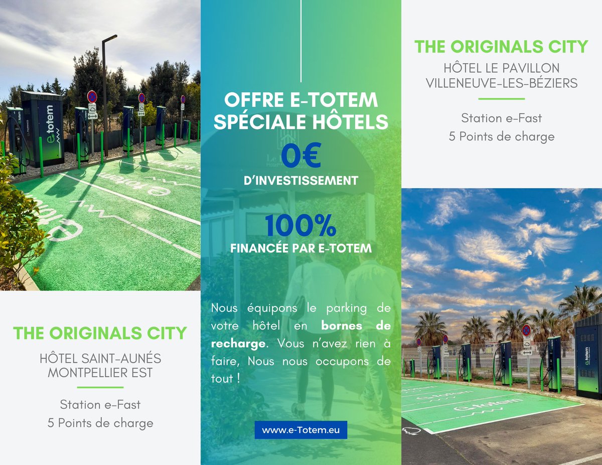 🚀 Nous sommes fiers d'annoncer qu’e-Totem a équipé deux hôtels du groupe The Originals City : Hôtel Saint-Aunés, #Montpellier  Est et Hôtel le pavillon, Villeneuve-Les-Béziers avec nos stations e-Fast - 5 points de charges. #mobility #EV #Chargers
