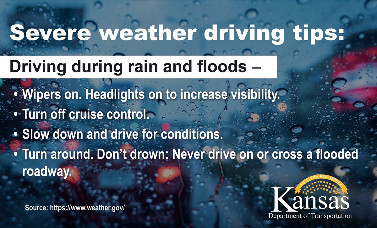 Never underestimate the power of water. It only takes 12 inches of fast-moving water to carry away a small car, and 18-24 inches of water to carry away most larger vehicles. Remember: #TurnAroundDontDrown #SevereWeatherPreparednessWeek #WeatherSafety #kswx