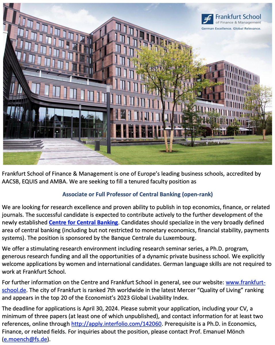 bornecon's tweet photo. 🚨New tenured position @FrankfurtSchool ⚠️ "Associate or Full Professor of #CentralBanking". The position is very broadly defined: #Monetary (+ #Fiscal)/#FinancialStability/#PaymentsSystems etc! Please apply by April 30 (or get in contact, if in doubt)! https://t.co/Zne2bCTqDQ https://t.co/V3CP5BqXeA