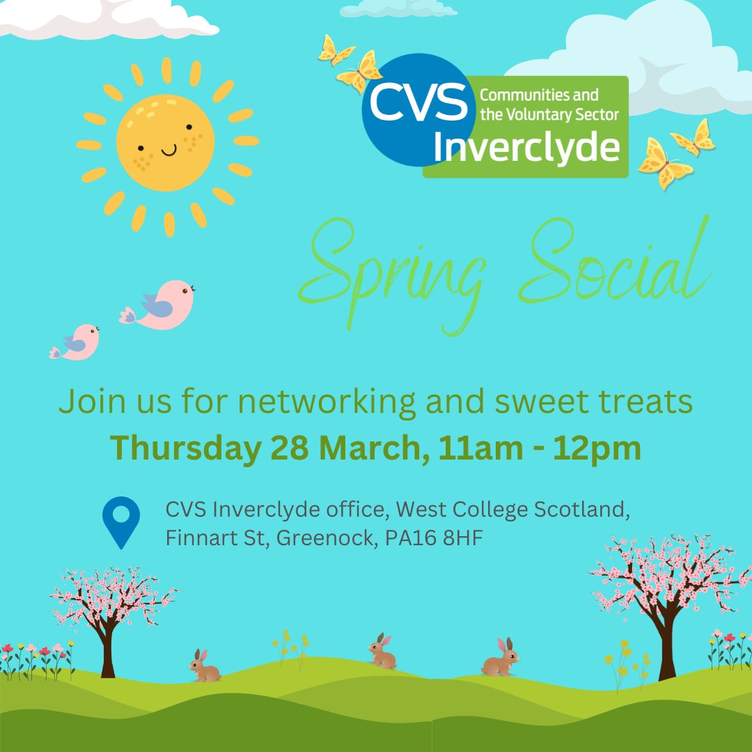 You’re invited to our Spring Social! 💐☀🐣 Network with third sector colleagues and learn more about the work and projects happening locally – and you can enjoy a cuppa and treats! Join us: cvsinverclyde.org.uk/events/cvs-inv…